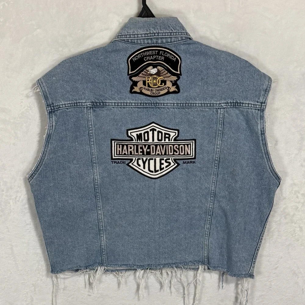 Y2K Harley Davidson Denim Vest‎ Size L Distressed Florida Logo Patch Grunge VTG - Picture 7 of 16